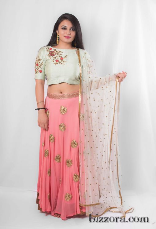 mint green and peach lehenga